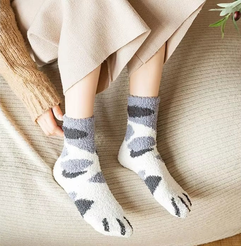 Autumn Winter Coral Velvet Socks Cute Cat Claw Socks for Women Children Girls Middle Tube Thickened Sleep Socks Home Floor Socks