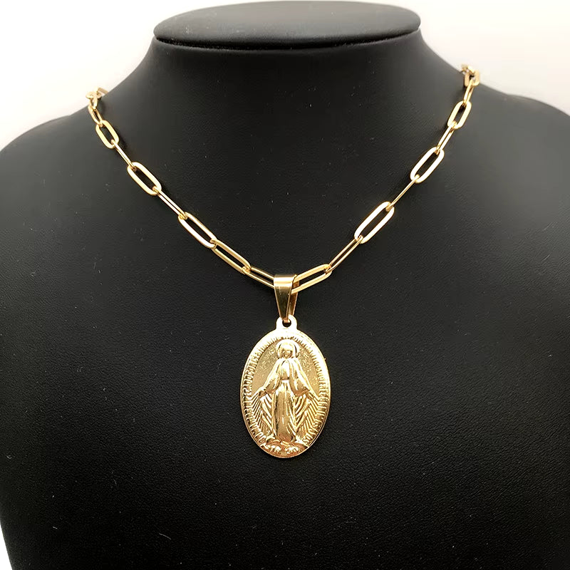 Stainless Steel Virgin Mary Necklace for Women Gold/Silver Color Metal Virgen Maria Medalla Cross Necklace Choker Religious